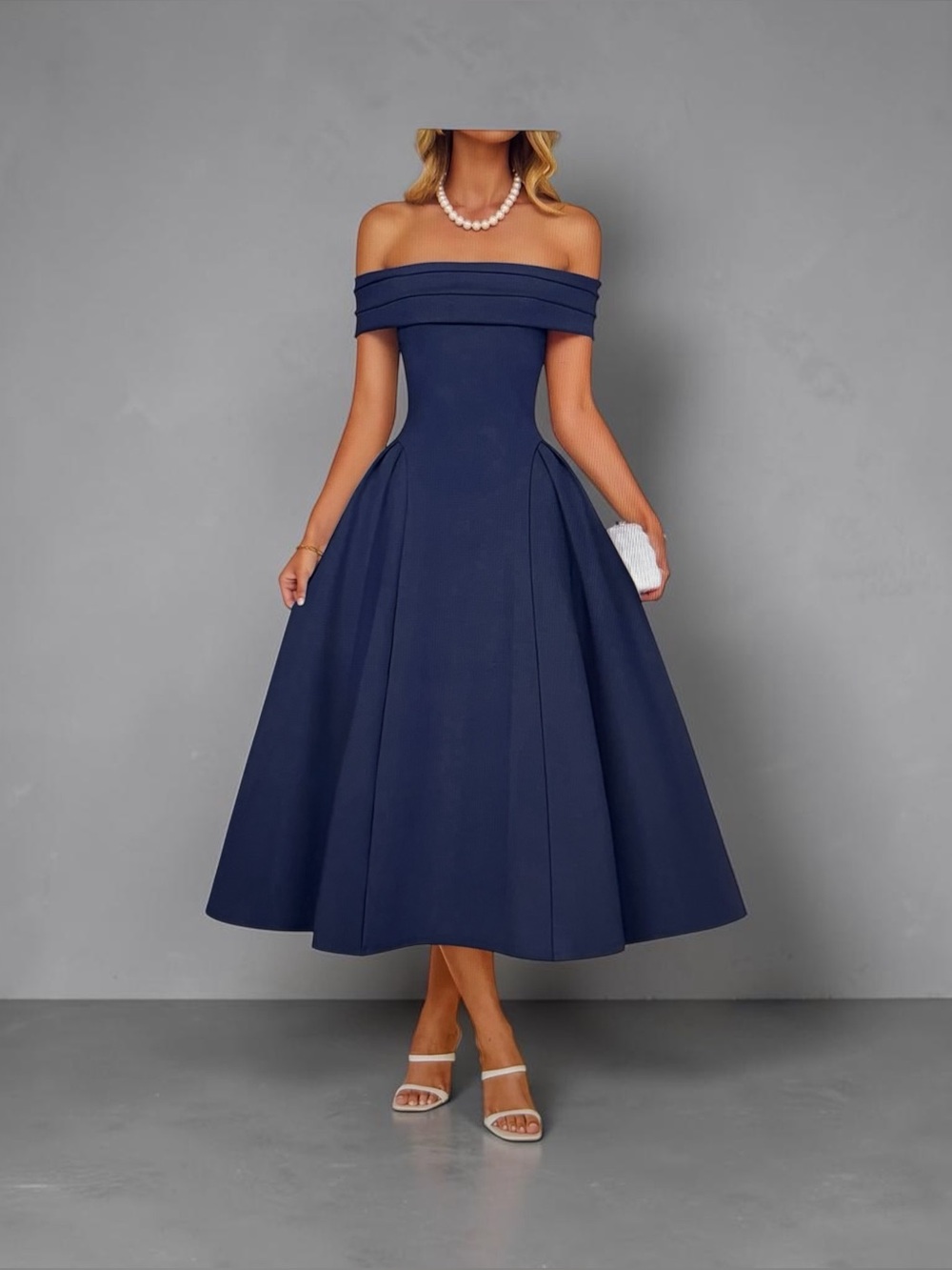 Zesica Off-Shoulder Navy Midi Fit-and-Flare Dress Womens Large